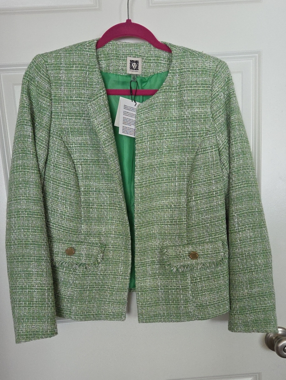 Anne Klein Light Green Tweed Collarless Blazer